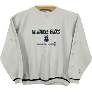 Vintage 90s Mens White Logo Athletic NBA Milwaukee Bucks Crewneck Sweatshirt 2XL